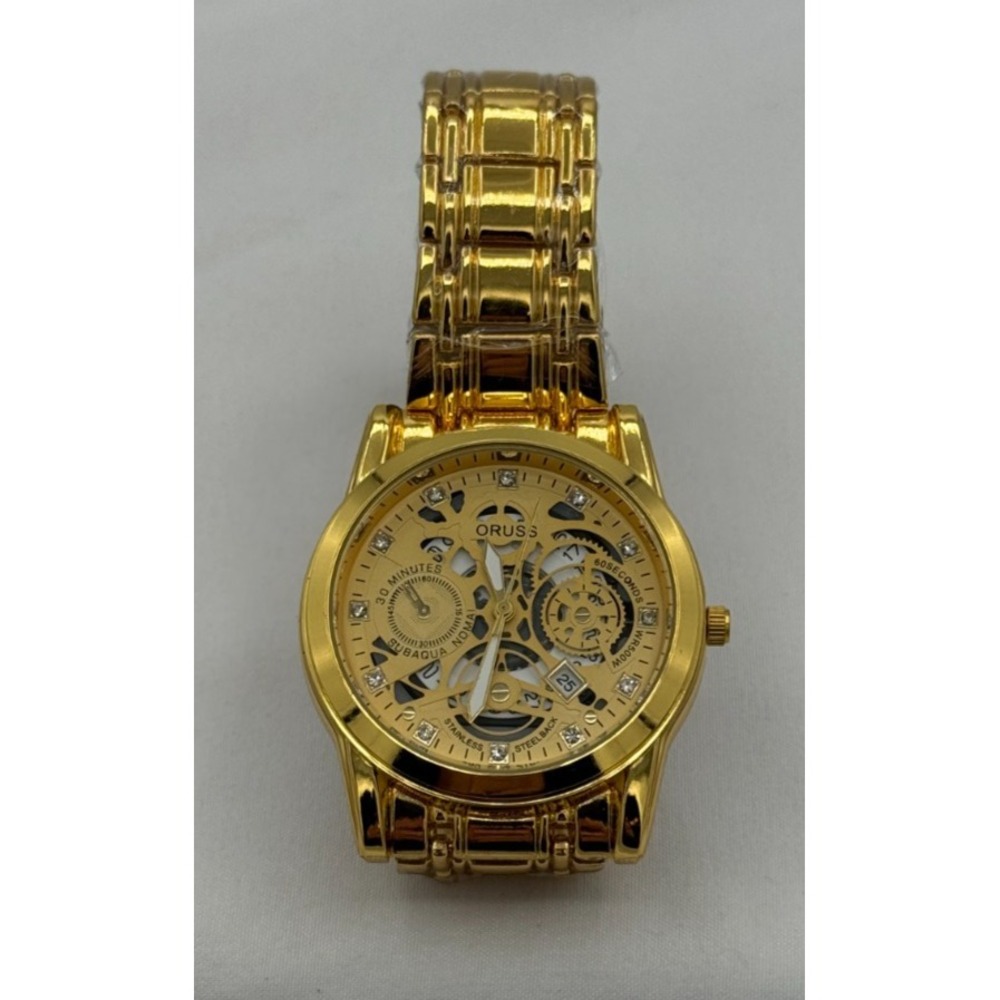 Oruss Gold Colored Men's Stainless Steel Watch W/Skeleton Dial & Luminous Hands